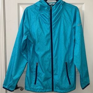 Women's Columbia Teal Blue Windbreaker Packable Zip Hooded rain Jacket Medium